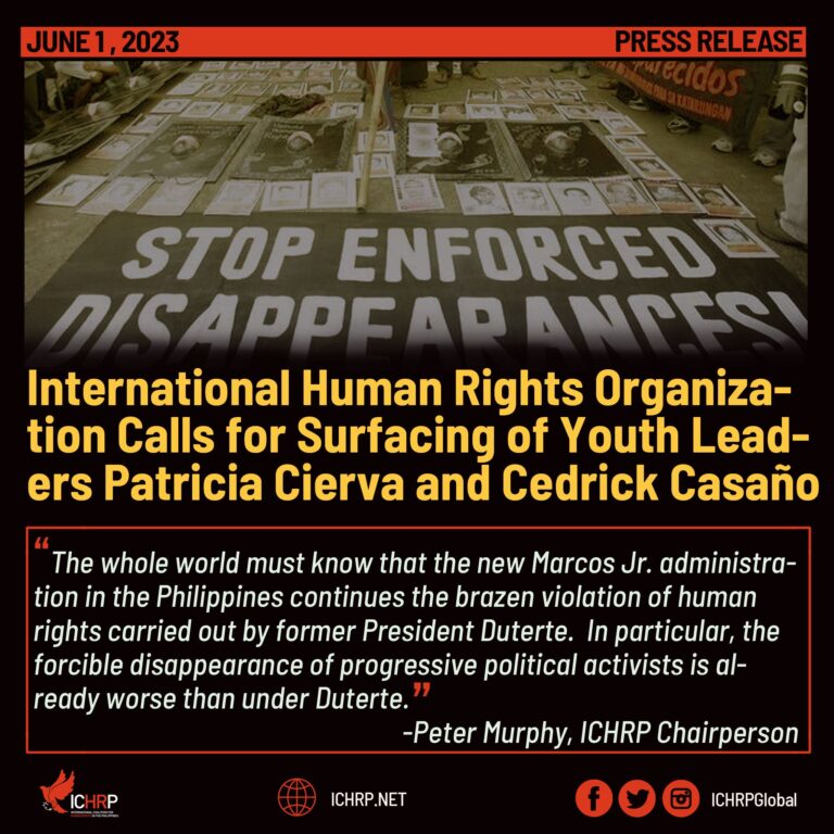 International Human Rights Organization Calls for Surfacing of Youth Leaders Patricia Cierva and Cedrick Casaño