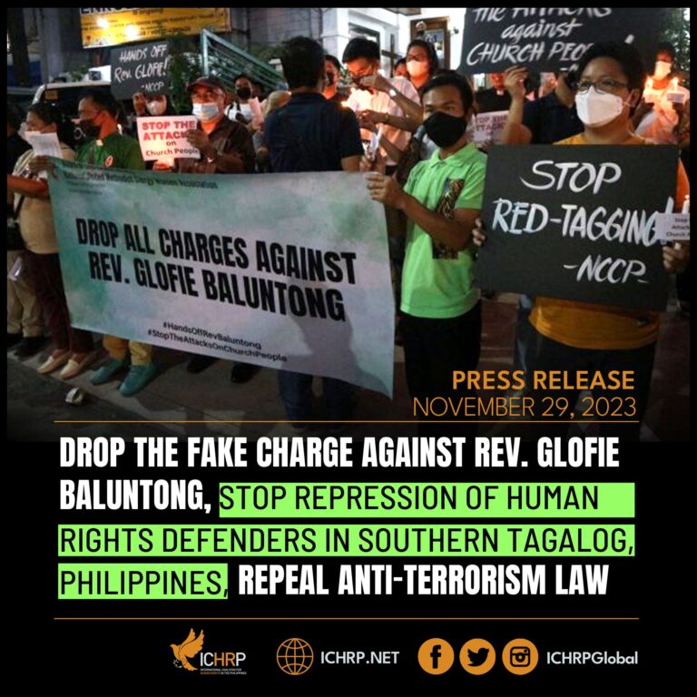 Drop the fake charge against Rev. Golfie Baluntong, stop repression of human rights defenders in Southern Tagalog, Philippines, repeal Anti-Terrorism Law