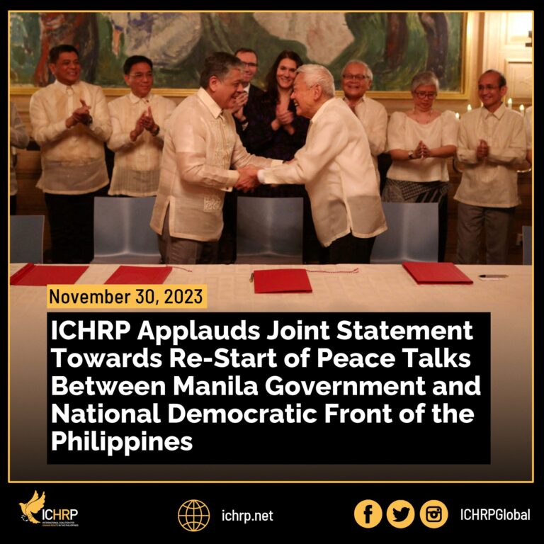 ICHRP applauds joint statement towards re-start of peace talks between Manila government and National Democratic Front of the Philippines