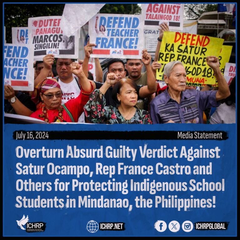 Overturn absurd guilty verdict against Satur Ocampo, Rep France Castro and others for protecting indigenous school students in Mindanao, the Philippines! Overturn absurd guilty verdict against Satur Ocampo, Rep France Castro and others for protecting indigenous school students in Mindanao, the Philippines!